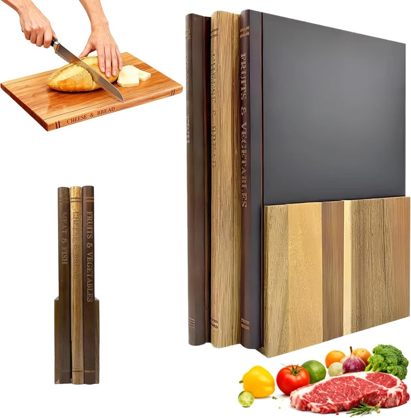 MACTANO Book Cutting Board Set, 100% Acacia Wooden Kitchen Book Shaped Cutting Board with Stand - Image 1